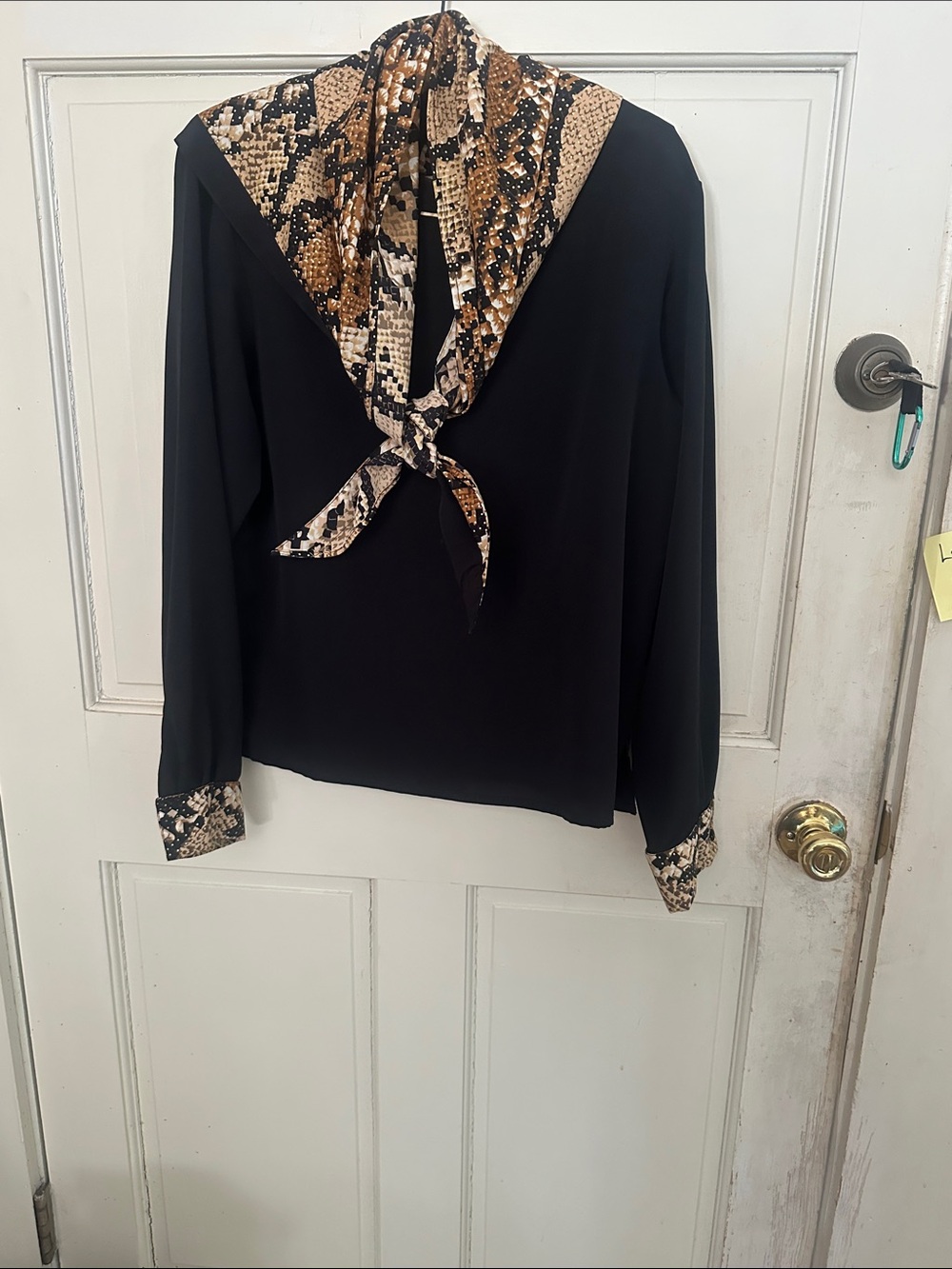 Black Long-Sleeve Blouse with Snake-Print Scarf Accent